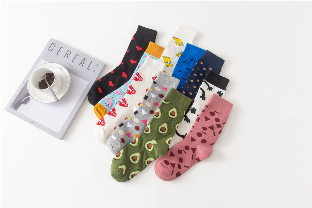 Женские носки в японском стиле с разноцветными рисунками, носки унисекс с милыми забавными красными губами и сердечками, авокадо, носки фламинго, рождественский подарок