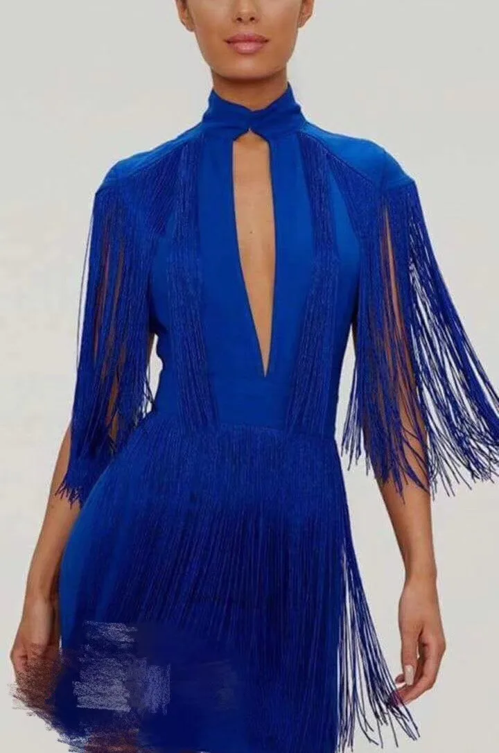 

Blue Keyhole Tassel Sleeveless o neck Sexy New Arrival 2018 Elegant Bandage Party Prom Eyelet Pencil Dress
