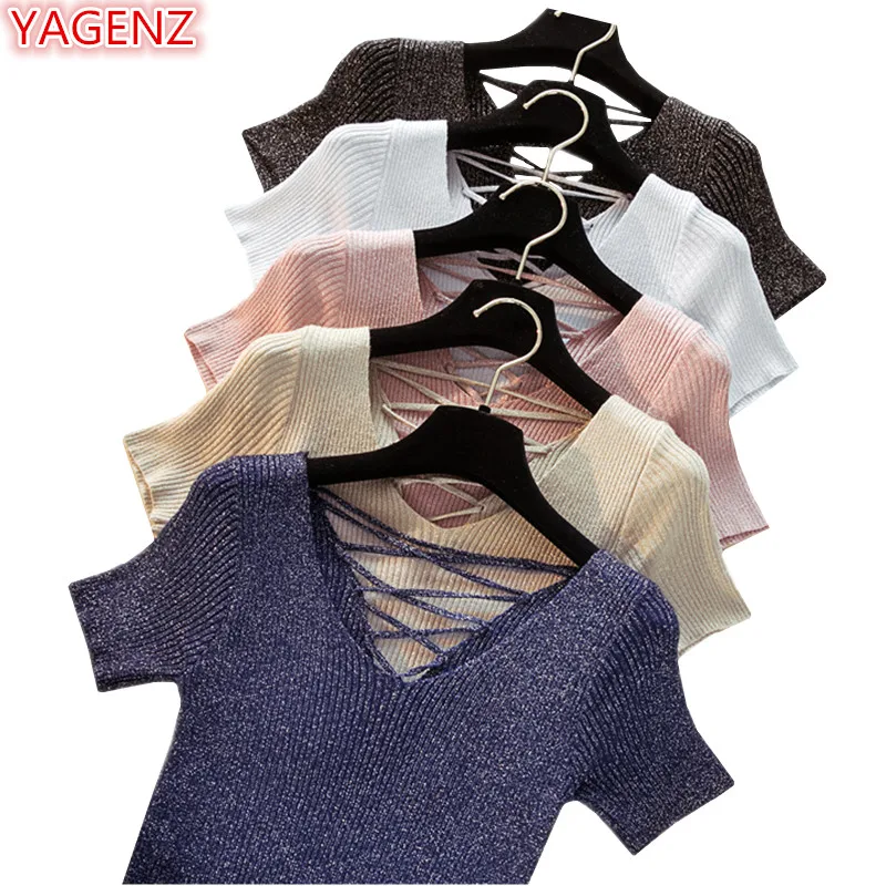 

YAGENZ Ladies Short sleeve Sweater Women Tops Summer Clothes Sweater Women Pullover Lace-up Short Thin Knitted Sweater V-neck K7
