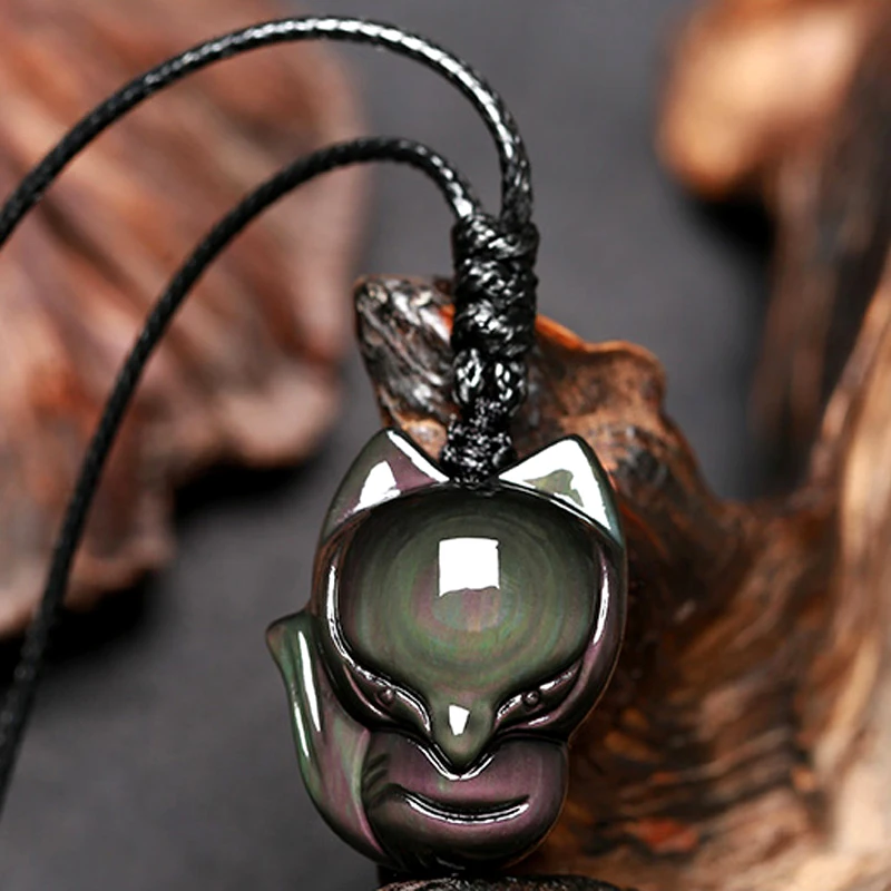 Jewelry Pendant Fox with Chain Necklace Natural Rainbow Eyes Obsidian Stone Amulet Choker Lucky Necklace Pendant For Women/Men Jewelry Pendant Fox with Chain Necklace Natural Rainbow Eyes Obsidian Stone Amulet Choker Lucky Necklace Pendant For Women/Men