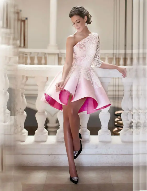 

2016 Pink Cocktail Dresses Robe De Noel Short Vestido Festa Curto Coquetel Para Formatura Ball Gown Lace One Shoulder