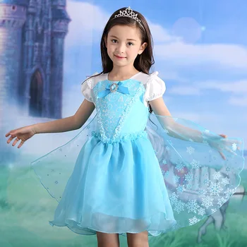 

2018 dress children clothes girls dresses blue Elsa princess dress christmas costume kids summer short sleeve gauze dress.YL58B