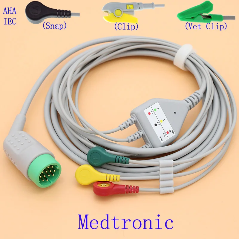 

12P ECG EKG 3 leads cable and electrode leadwire for Medtronic physio control lifepak 12/20/120,IEC OR AHA Snap/Clip/Vet clip