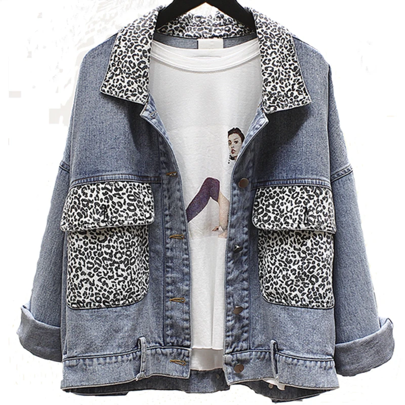 

Spring Long Sleeve Denim Jacket For Women Rivet Leopard Spliced Jeans Jacket Women Basic Coat Casual Female Oversize Streetwear