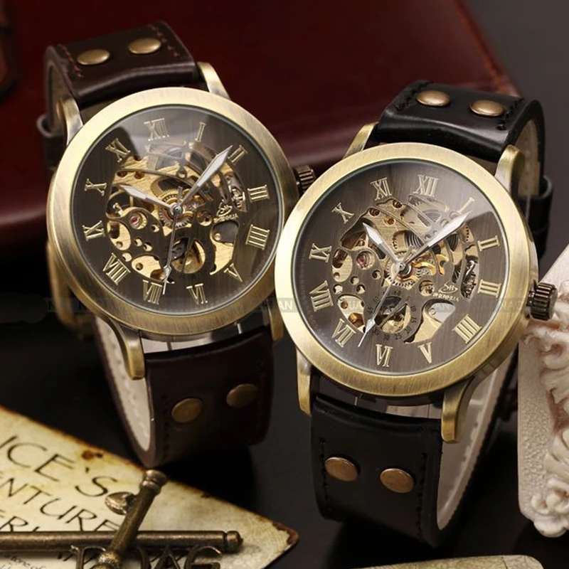1pc Antique automatic men luxury skeleton watches clock vintage brass gear case rivet Mechanical Wristwatches PU