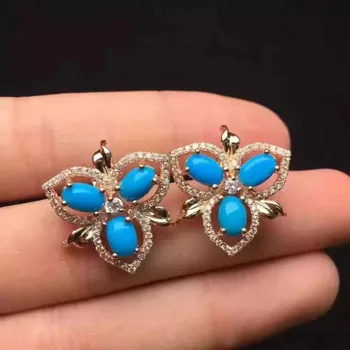 

natural blue turquoise stone earrings 925 silver Natural gemstone earring women personality Fashion Clover earrings for party