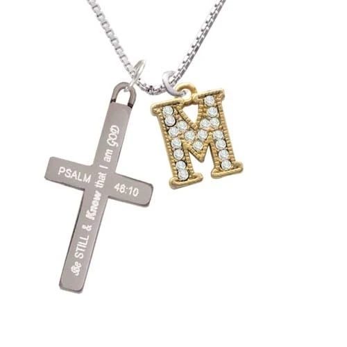 Crystal Gold Tone Initial - M - Beaded Border - - Be Still and Know - Cross Necklace (1)