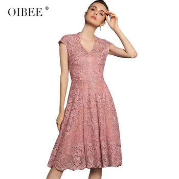 

OIBEE 2020 Summer Women's Embroidered V-neck Waist Swing Dress Fashion Slim Short Sleeve Dress Women