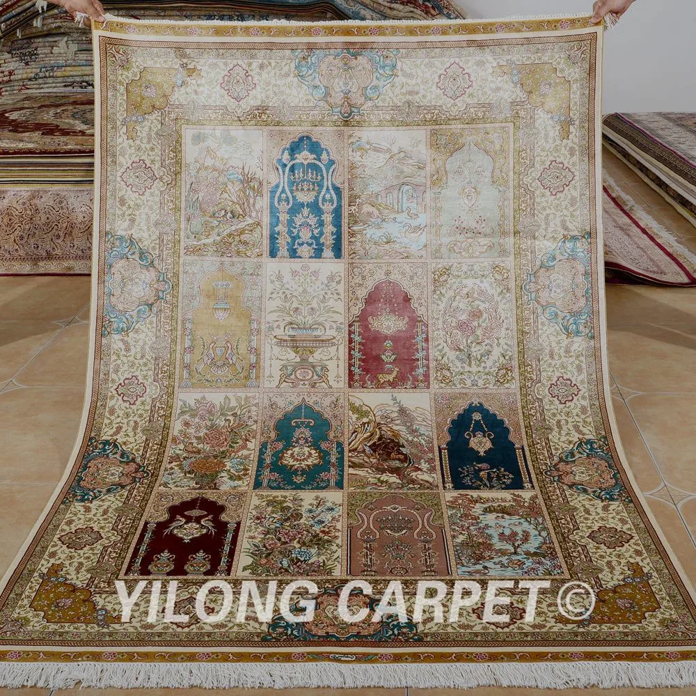 

Yilong 4.5'x6.5' Persian silk carpet garden handmade exquisite hand knotted oriental rug designs (1100)