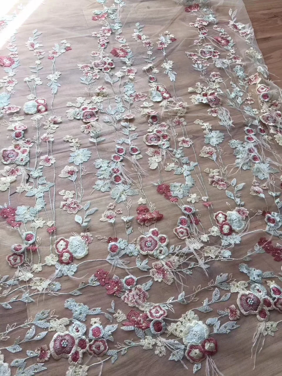 

African HANDWORK FEATHER Mesh Rhinestones Lace Fabric 2018 High Quality Tulle Embroidered Lace Fabric