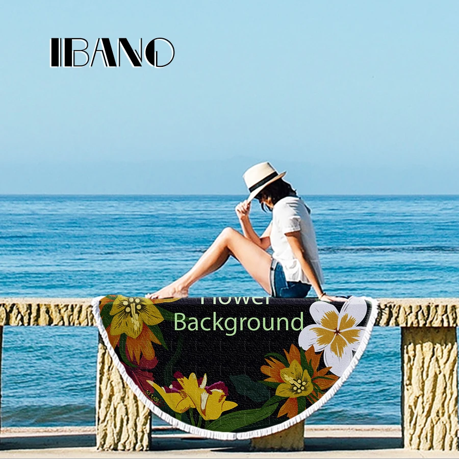 IBANO Summer Flowers Round Beach Towel Cotton Polyester Bath Towel Yoga Mat Blanket Tapestry Dia 150cm With Tassel 500g/pc