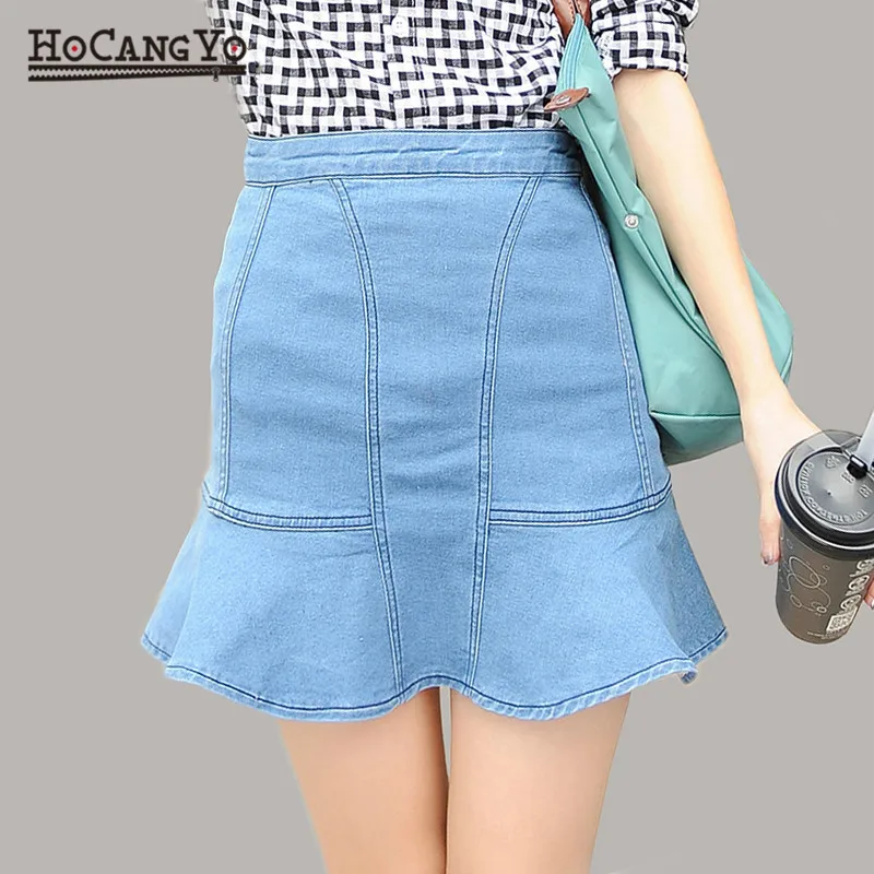 HCYO Women Denim Skirts Summer Empire Stretch Sexy Jeans Skirts Plus Size Women Blue Jupe Ruffles Mini A-line Denim Skirts Jeans Skirts
