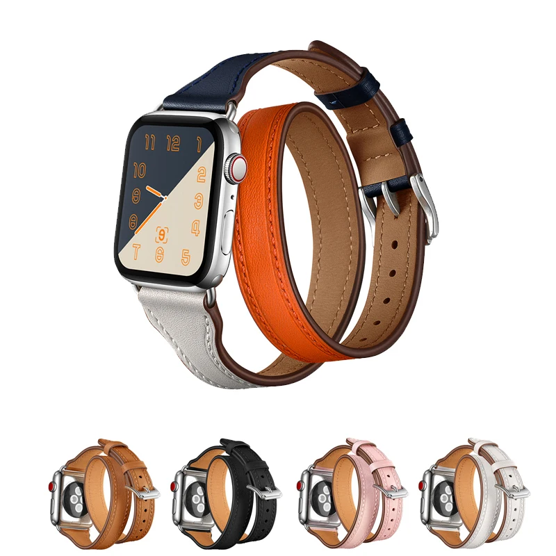 

Double Tour bracelet for apple watch band 4 5 44mm 42mm 38mm textured Genuine Leather watchband for iwatch strap accessories