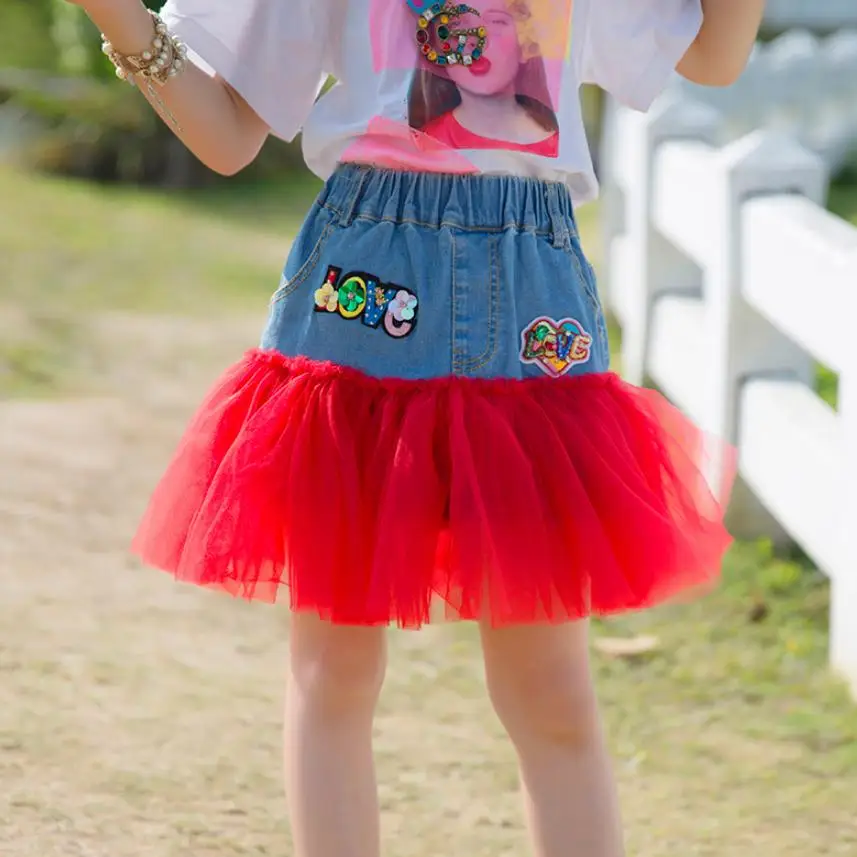 

Children's Denim Mesh Spliced Skirt Baby Girls Clothes 2019 Summer Kids Jean Skirt Teens Toddler Letter Print Girls Skirt Y1005