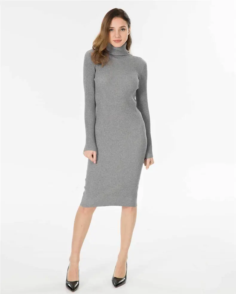 Women Dress 2019 Autumn Sweater Dress Cotton Rib Knit Slim Stretched Winter Turtleneck Sexy Lady Bodycon Robe Dresses Vestidos 02