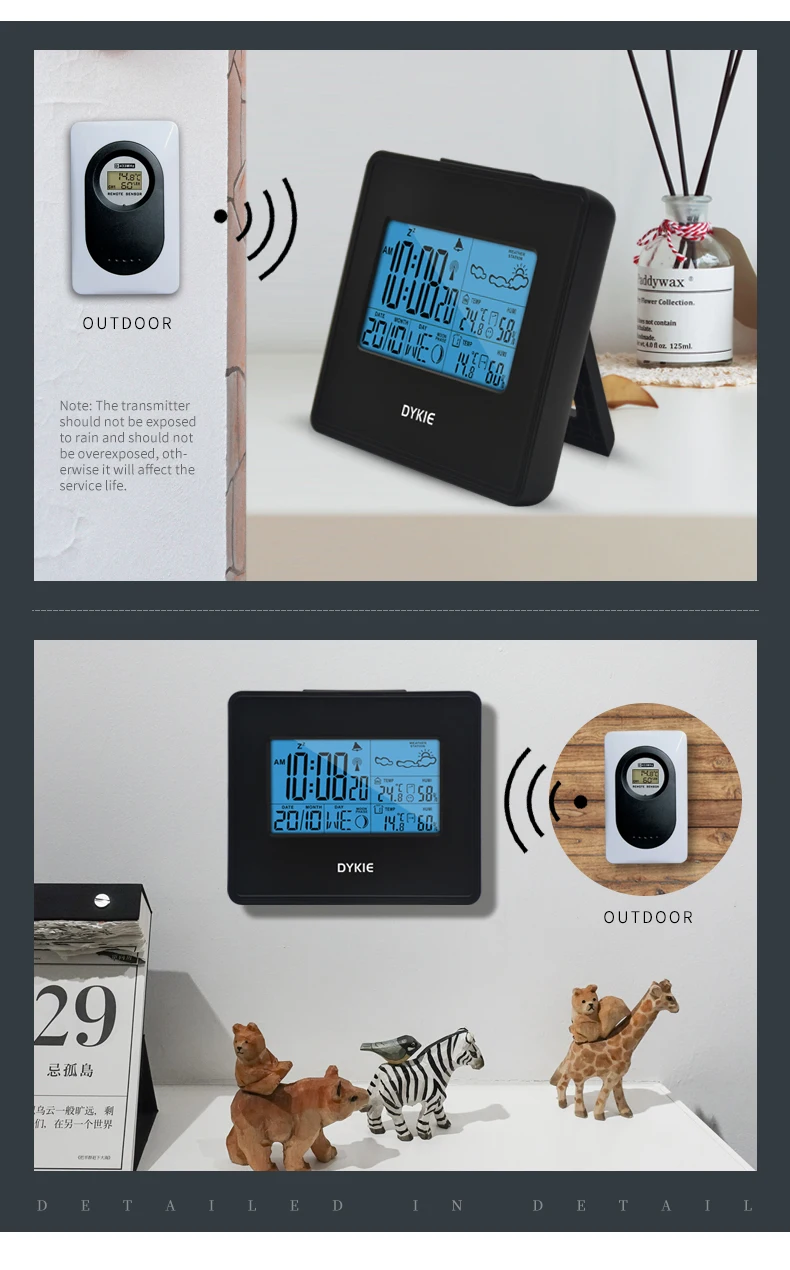 DYKIE RF RCC Беспроводная метеостанция цифровой Погодный протектор мультфифункциональные часы влажность подсветка 2 передатчика