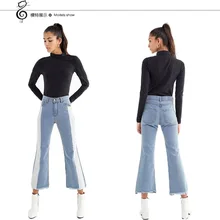Джинсы женские Весна Цвет Контраст лоскутное середины талии лодыжки длина джинсовые брюки заусенцев расклешенные джинсы брюки женские S-XXL