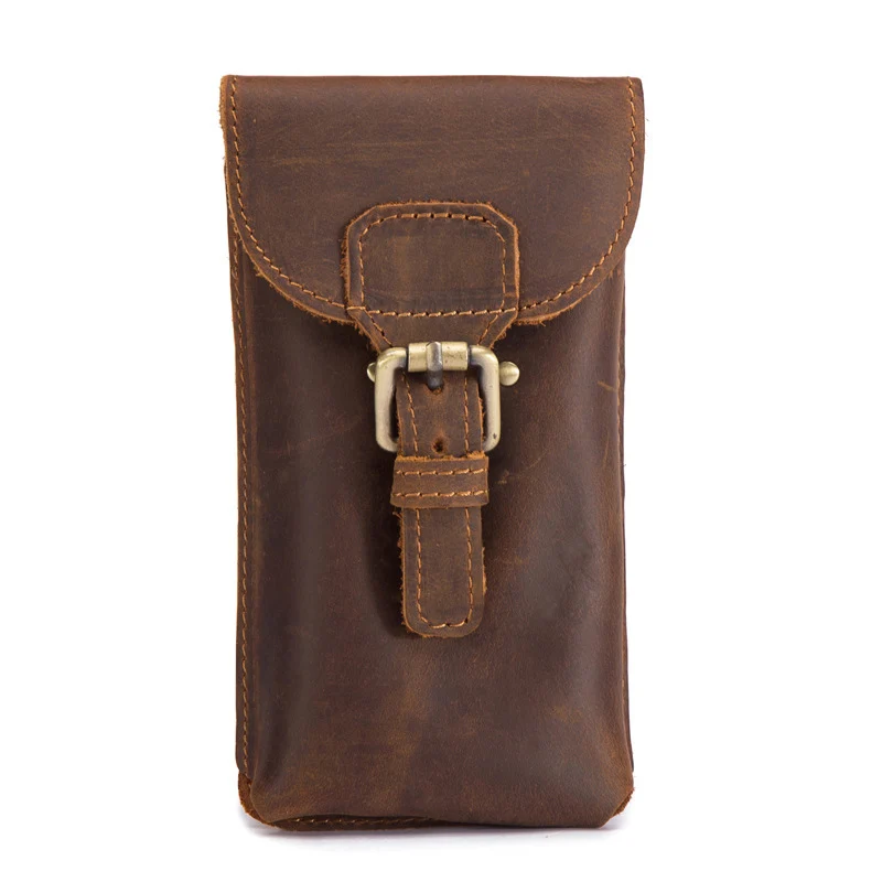 Мужская поясная сумка из натуральной кожи, маленький мешочек, мини-карман для мобильного телефона, мужской кошелек для денег, сумка на крючок, винтажная поясная сумка - Цвет: Brown-01