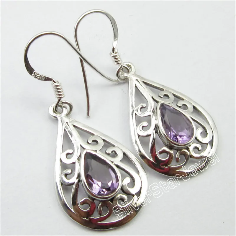 

New Popular Earrings, Pure Silver Drop PURPLE AMETHYSTS Jewelry 3.7 CM Variation
