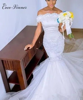 

Embroidery Lace Appliques Mermaid Wedding Dress Cap Sleeve Lace Up Court Train mermaid wedding dresses Bride Gown w0390