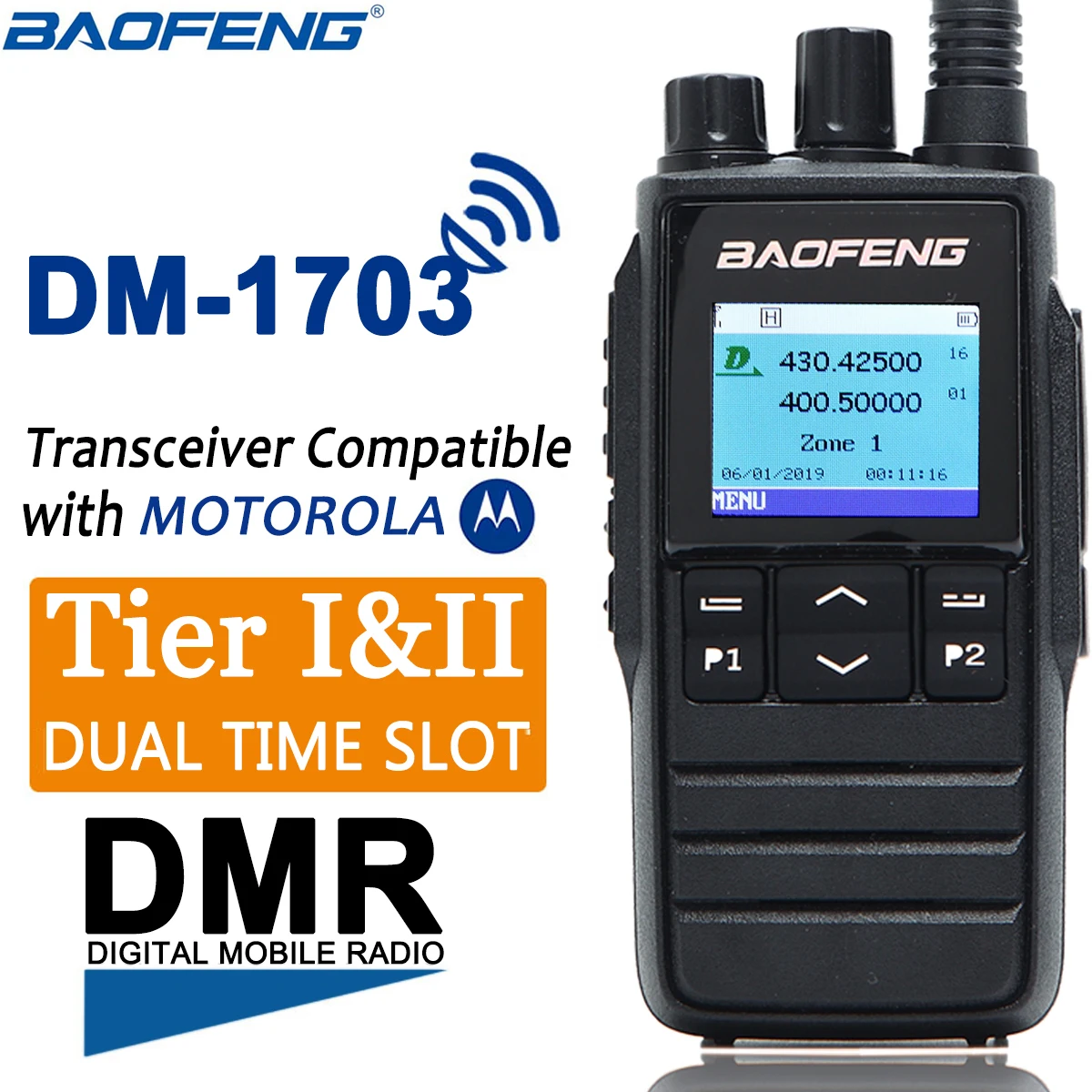 

Baofeng DM-1703 DMR Walkie Talkie VHF UHF Dual Band 136-174 & 400-470MHz Dual Time Slot Tier 1&2 Digital Radio