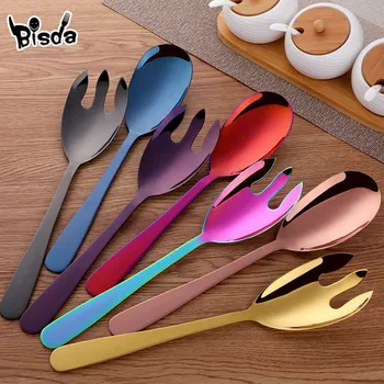 

Fashion Serving Salad Spoon Fork Mixing Scoop 430 Stainless Steel Restaurant Service Spoons Public Tableware Using Buffet Tools