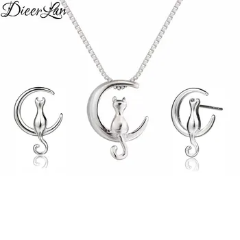 

DIEERLAN New Wedding Bridal Jewelry Sets 925 Sterling Silver Moon Cat Choker Necklaces Kitty Pendant for Women Statement Bijoux