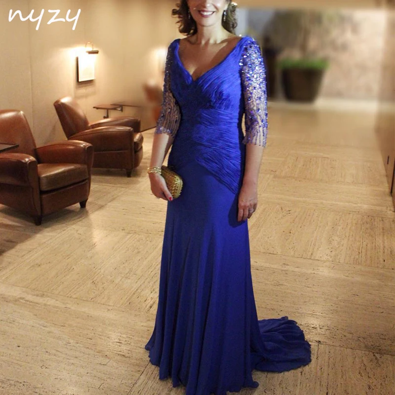 

NYZY M59 Royal Blue Long Mother Of the Bride Dresses with 3/4 Sleeves 2019 Wedding Party Evening Guest Wear Groom Mother Gowns