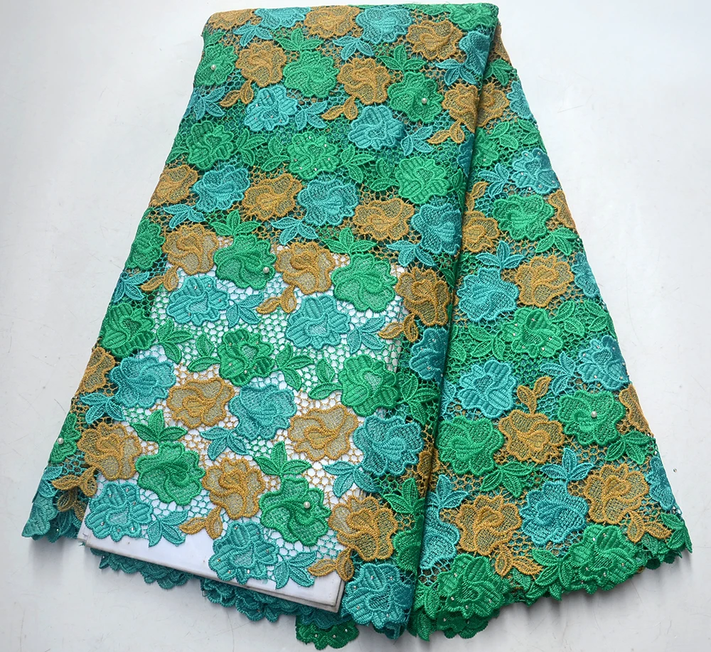 

2019 Latest Embroidered Water soluble lace fabric High Quality African Tulle Lace Fabric Green cord Lace Fabric For Party dress