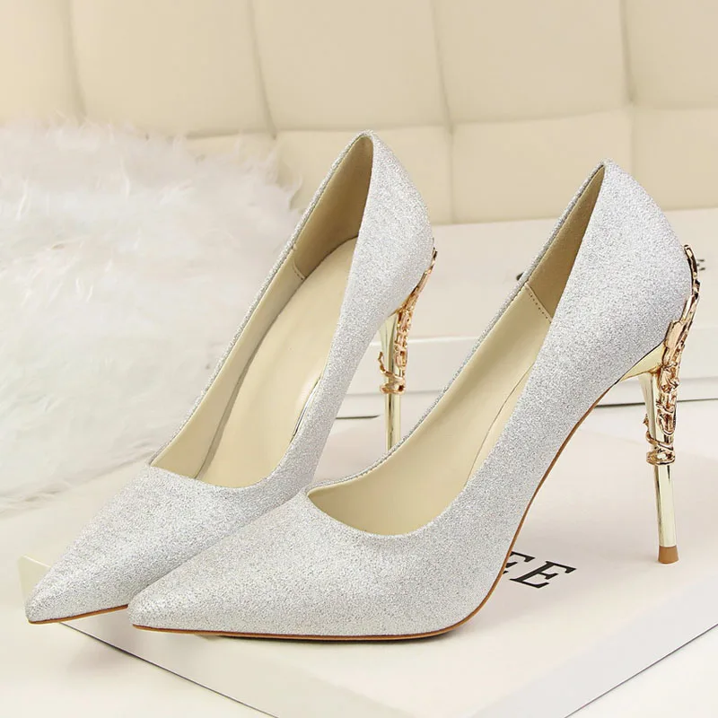 bridal shoes wedding shoes woman gold high heels pointed toe pumps women shoes high heel ladies shoes zapatos de novia - Цвет: Sliver