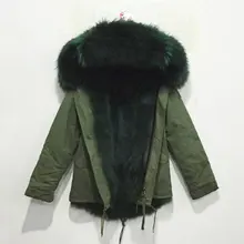 Italy style Mr dark green fox fur lining parka raccoon fur collar hood winter women real fur jacket coats