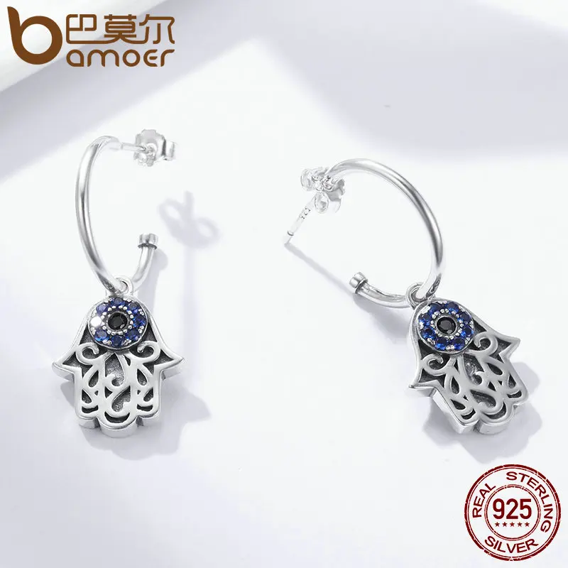 Kopen Bamoer Hot Koop 100% 925 Sterling Zilveren Lucky Hamsa Hand Ronde Hoepel Oorbellen Voor Vrouwen Mode Sterling Zilveren Sieraden SCE244