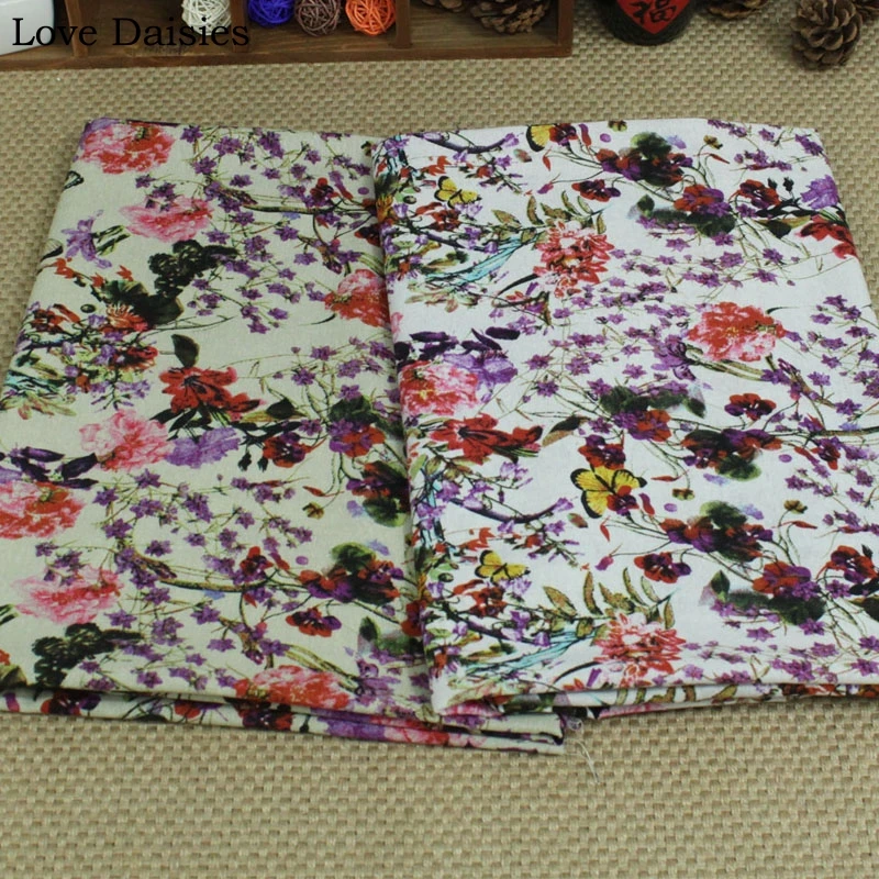 Cotton/Linen Textile WHITE BEIGE Green Garden Purple Pink Red Flower Buttefly Fabrics for Tablecloth Curtain Apparel Dress Craft | Дом и сад
