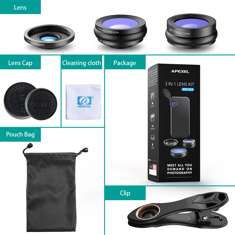 APEXEL мини клип на оптический объектив камеры мобильного телефона Комплект 230 градусов Рыбий глаз объектив+ 0.36X широкий угол+ 15x макрообъектив для телефонов SJ3