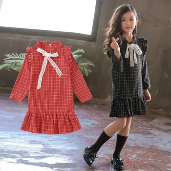 

Fancy Girls Ruffles Long-Sleeved Kids Dresses V Neck Plaid Teen Dress Long Sleeve Children School Dress Kids Costume Accessories
