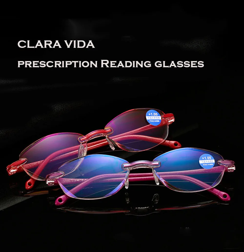 

ClLARA VIDA Rimless Eyeglasses UV Anti Blue Ray Presbyopia Pink Purple Computer Reading Glasses For women 1.5 +2 +2.5 +3 +3.5 +4