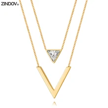 ZINDOV модное ювелирное золотое ожерелье для женщин из нержавеющей стали Серебряный треугольник V буква CZ Двойная Цепочка Ожерелье s розовое золото женский