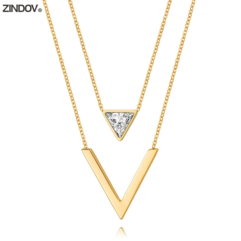 

ZINDOV Fashion Jewelry Gold Necklace Women Stainless Steel Silver Triangle V Letter CZ Double Chain Necklaces Rose Gold Female