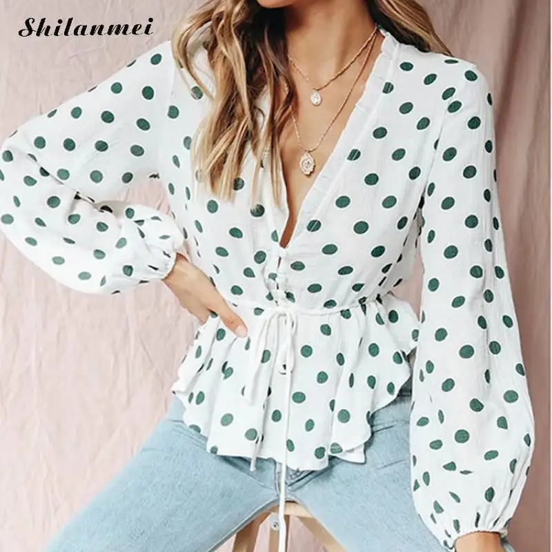 2018 Sexy Profundo Decote Em V Manga Lanterna Mulheres Blusas Camisas 
