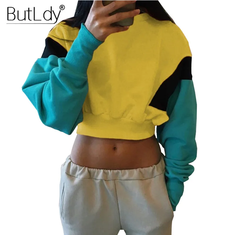 Long Sleeve Patchwork Sexy Short Sweatshirt Women Autumn Winter 2018 Cropped Pullovers Sweatshirts Fashion Oversized Hoodie Tops Hoodies