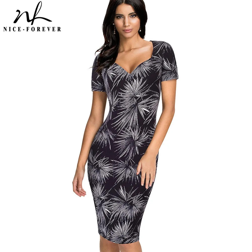 

Nice-forever Vintage Contrast Color Floral Print Wear to Work Zipper vestidos Bodycon Office Business Sheath Women Dress btyb317