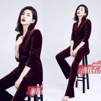 

Autumn new wine red star with the suit long-sleeved jacket micro-La trousers gold velvet professional suit