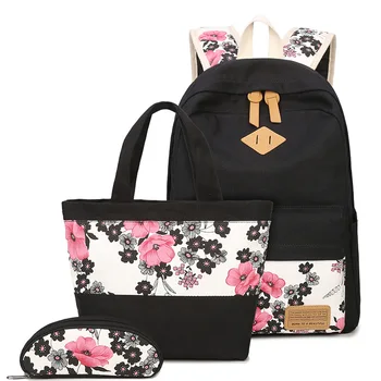 

New Canvas Plum Blosso Flower Printing Women Backpack Set School Students Teens Girl Bookbag for Lunch Tote Bag and Pencil Box