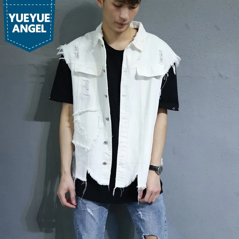 Personalized Hip Hop Loose Men Denim Vest White Ripped Hole Sleeveless