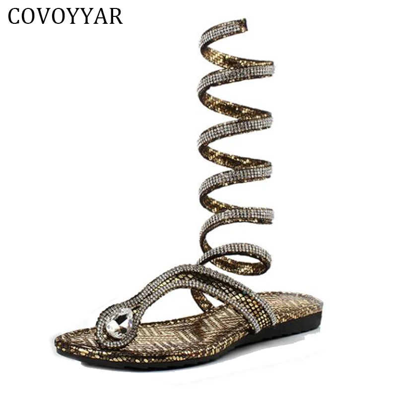 

2019 Crystal Women Sandals Hot Fashion Snake Design Summer Thong Flat Gladiator Sandal Ankle Wrap Flip Flips Woman Shoes WSS65
