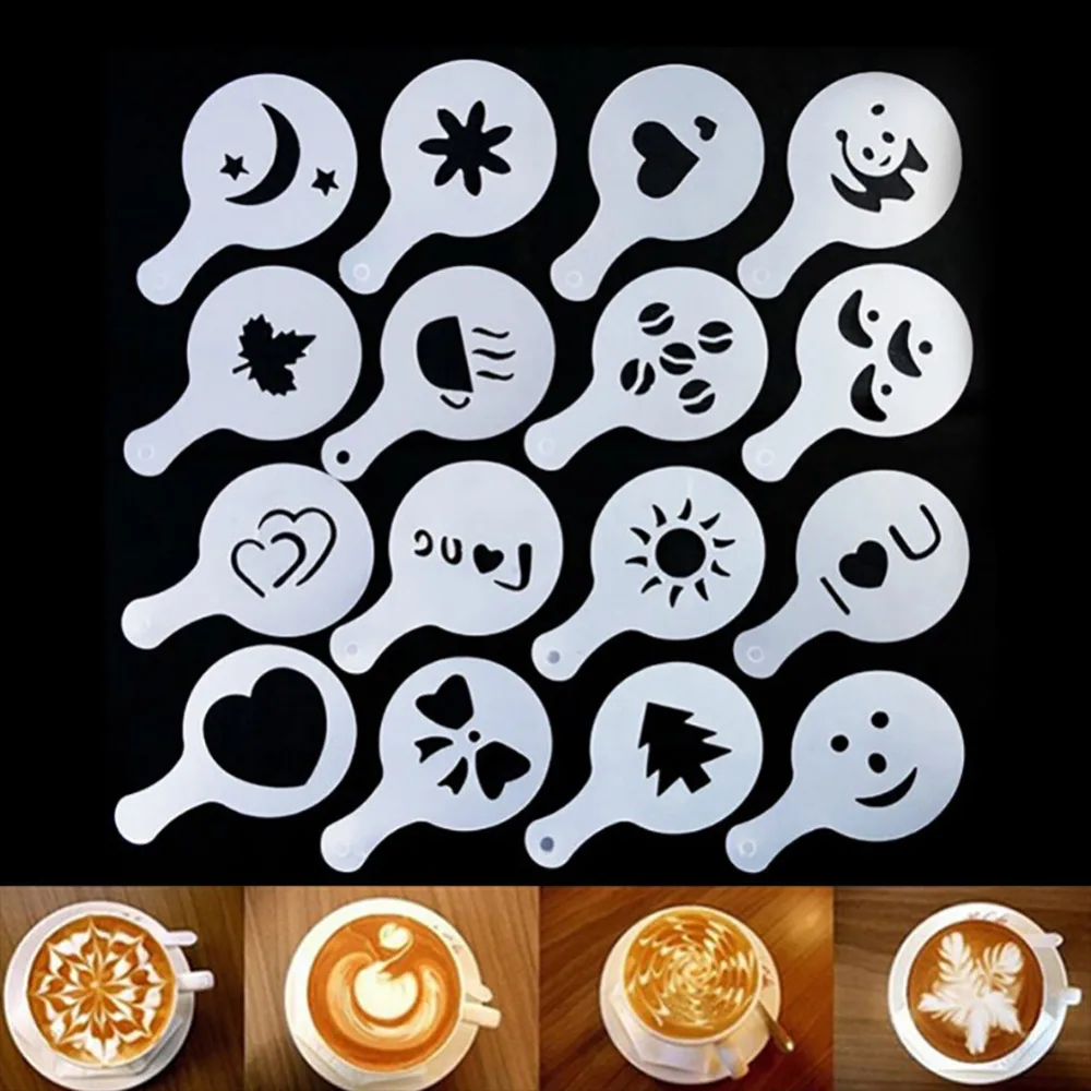 

16 Pcs/set Coffee Drawing Cappuccino Mold Fancy Natie Printing Model Coffee Foam Spray Cake Stencils Powdered Sugar Sieve Tools
