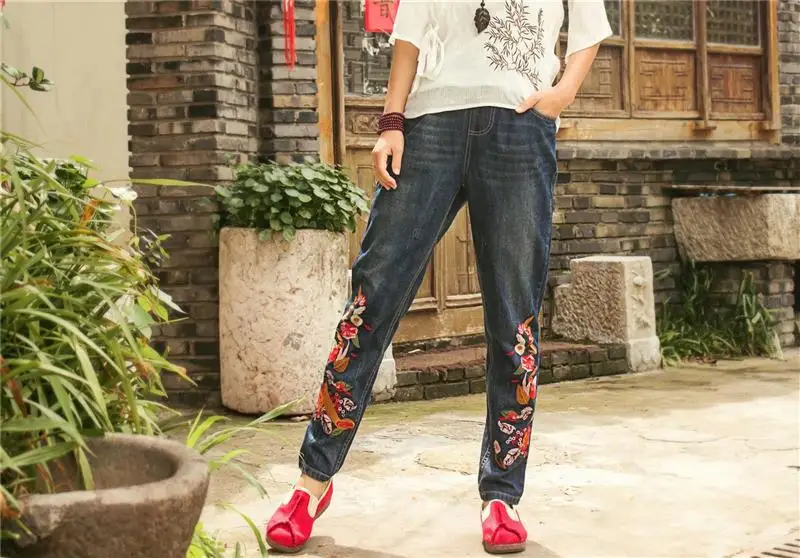 Весенние потертые джинсы с принтом, женские индийские народные штаны с вышивкой размера плюс 3XL, женские прямые джинсовые штаны хорошего качества L141