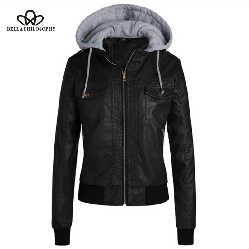 

Bella Philosophy Autumn women Jacket hooded zipper jackets faux leather PU female Jacket Coat Hot Pocket Ladies Fleece Jacket