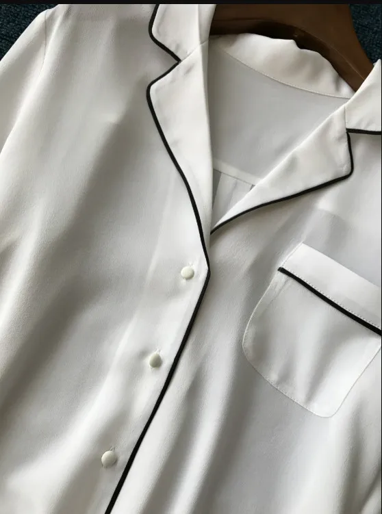 Шелк белый красный длинный рукав Blusa Feminina модные однотонные женские пижамные топы с передним карманом