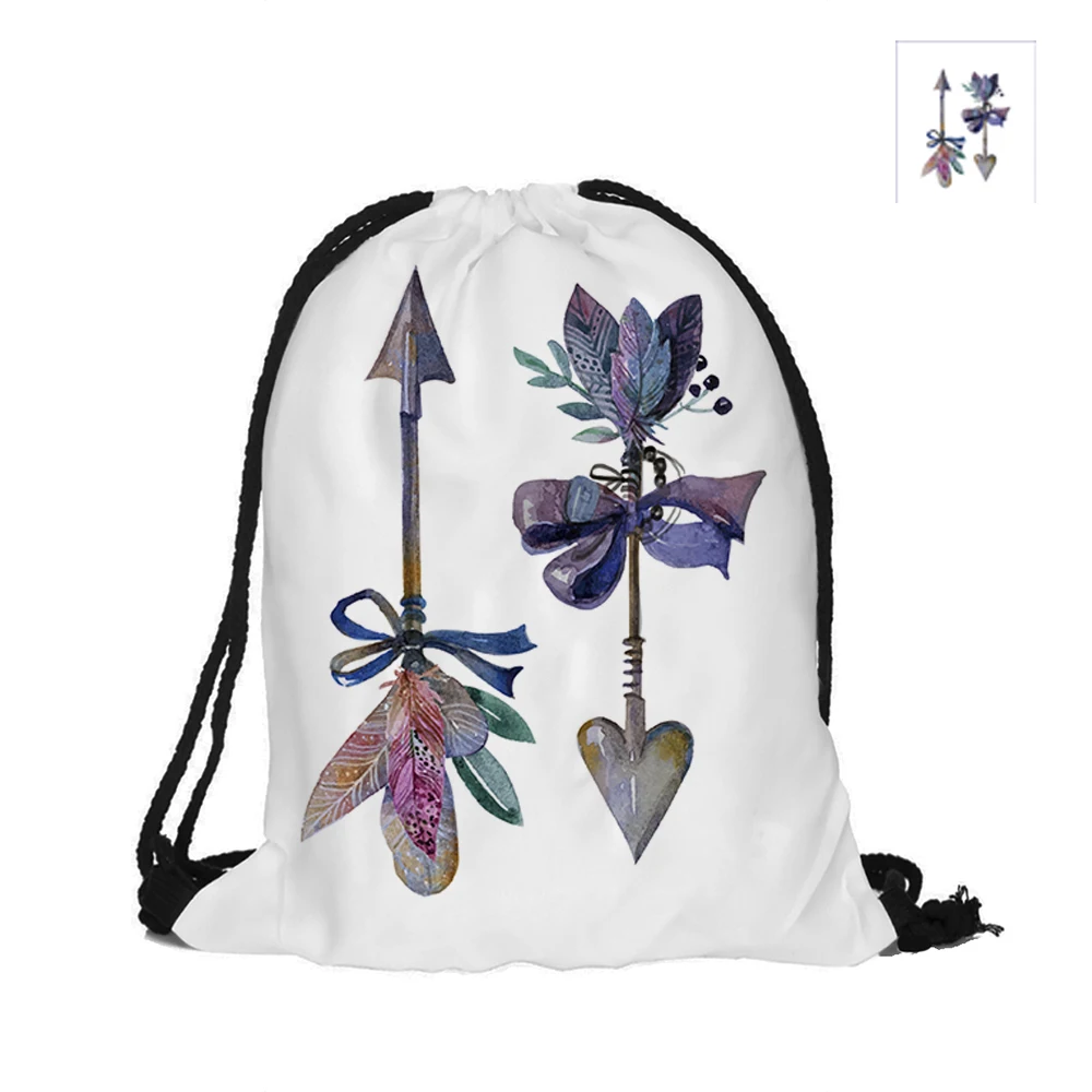 Boho Стиль печать drawstring рюкзак моды полиэстер Сумки для Для женщин Для мужчин чехол Рюкзаки Перо Стрелки Печатных